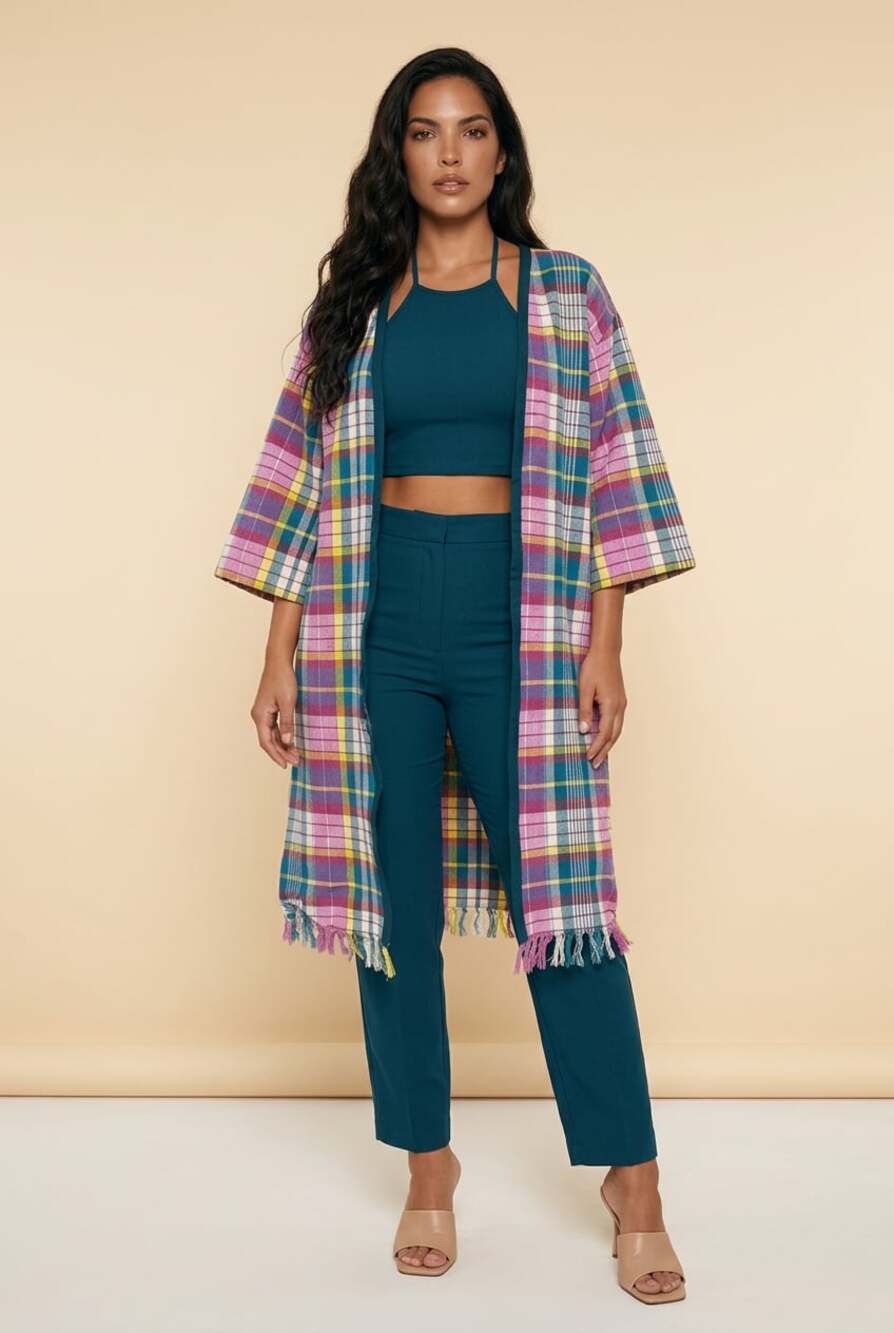 Unknown Womens boho Plaid Kimono Jacket XL
